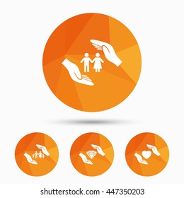 Hands insurance icons. Couple and family life insurance symbols. Heart health sign. Diamond jewelry symbol. Triangular low poly buttons with shadow. Vector
