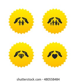 Hands insurance icons. Couple and family life insurance symbols. Heart health sign. Diamond jewelry symbol. Yellow stars labels with flat icons. Vector