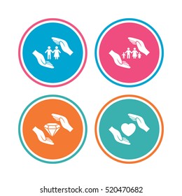 Hands insurance icons. Couple and family life insurance symbols. Heart health sign. Diamond jewelry symbol. Colored circle buttons. Vector