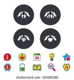 Hands insurance icons. Couple and family life insurance symbols. Heart health sign. Diamond jewelry symbol. Calendar, Information and Download signs. Stars, Award and Book icons. Vector