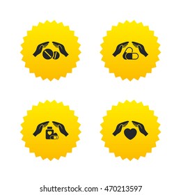 Hands insurance icons. Health medical insurance symbols. Pills drugs and tablets bottle signs. Yellow stars labels with flat icons. Vector