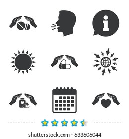 Hands Insurance Icons. Health Medical Insurance Symbols. Pills Drugs And Tablets Bottle Signs. Information, Go To Web And Calendar Icons. Sun And Loud Speak Symbol. Vector