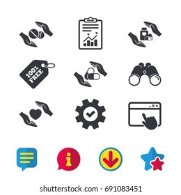 Hands insurance icons. Health medical insurance symbols. Pills drugs and tablets bottle signs. Browser window, Report and Service signs. Binoculars, Information and Download icons. Stars and Chat