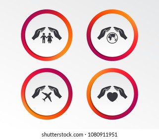 Hands insurance icons. Human life insurance symbols. Heart health sign. Travel flight symbol. Save world planet. Infographic design buttons. Circle templates. Vector