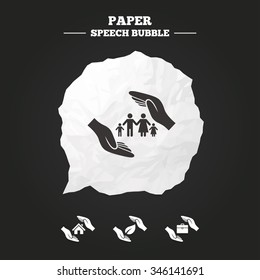 Hands insurance icons. Human life insurance symbols. Nature leaf protection symbol. House property insurance sign. Paper speech bubble with icon.
