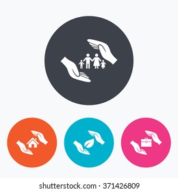 Hands insurance icons. Human life insurance symbols. Nature leaf protection symbol. House property insurance sign. Circle flat buttons with icon.