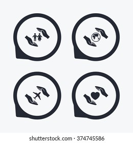 Hands insurance icons. Human life insurance symbols. Heart health sign. Travel flight symbol. Save world planet. Flat icon pointers.
