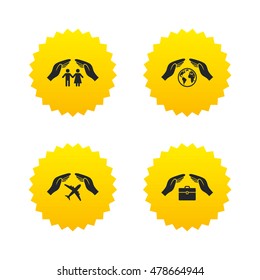 Hands insurance icons. Human life insurance symbols. Travel flight baggage symbol. World globe sign. Yellow stars labels with flat icons. Vector