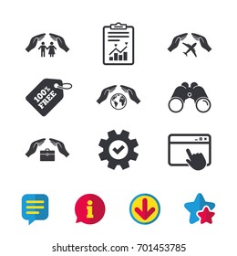 Hands insurance icons. Human life insurance symbols. Travel flight baggage symbol. World globe sign. Browser window, Report and Service signs. Binoculars, Information and Download icons. Vector