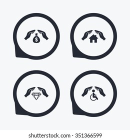Hands insurance icons. Money bag savings insurance symbols. Disabled human help symbol. House property insurance sign. Flat icon pointers.