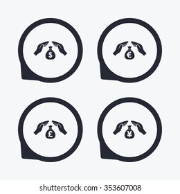 Hands insurance icons. Money bag savings insurance symbols. Hands protect cash. Currency in dollars, yen, pounds and euro signs. Flat icon pointers.