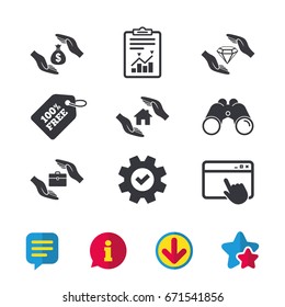 Hands Insurance Icons. Money Bag Savings Insurance Symbols. Jewelry Diamond Symbol. House Property Insurance Sign. Browser Window, Report And Service Signs. Binoculars, Information And Download Icons