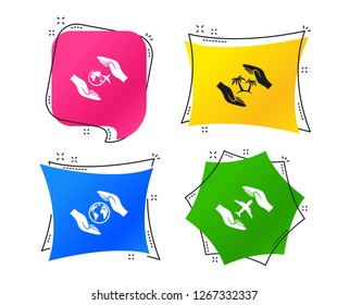 Hands insurance icons. Palm trees symbol. Travel trip flight insurance symbol. World globe sign. Geometric colorful tags. Banners with flat icons. Trendy design. Vector