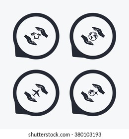 Hands insurance icons. Palm trees symbol. Travel trip flight insurance symbol. World globe sign. Flat icon pointers.