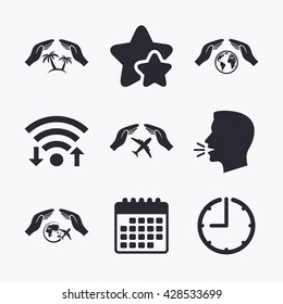 Hands insurance icons. Palm trees symbol. Travel trip flight insurance symbol. World globe sign. Wifi internet, favorite stars, calendar and clock. Talking head. Vector