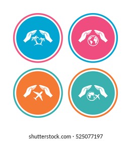 Hands insurance icons. Palm trees symbol. Travel trip flight insurance symbol. World globe sign. Colored circle buttons. Vector