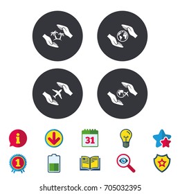 Hands insurance icons. Palm trees symbol. Travel trip flight insurance symbol. World globe sign. Calendar, Information and Download signs. Stars, Award and Book icons. Light bulb, Shield and Search