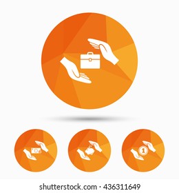 Hands insurance icons. Piggy bank moneybox symbol. Money savings insurance signs. Travel luggage and cash coin symbols. Triangular low poly buttons with shadow. Vector