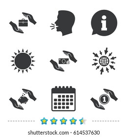 Hands insurance icons. Piggy bank moneybox symbol. Money savings insurance signs. Travel luggage and cash coin symbols. Information, go to web and calendar icons. Sun and loud speak symbol. Vector