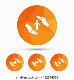Hands insurance icons. Shelter for pets dogs symbol. Save water drop symbol. House property insurance sign. Triangular low poly buttons with shadow. Vector