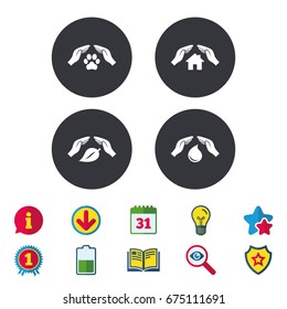 Hands insurance icons. Shelter for pets dogs symbol. Save water drop symbol. House property insurance sign. Calendar, Information and Download signs. Stars, Award and Book icons. Vector