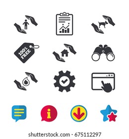 Hands insurance icons. Shelter for pets dogs symbol. Save water drop symbol. House property insurance sign. Browser window, Report and Service signs. Binoculars, Information and Download icons