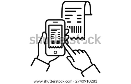 Hands interact with a smartphone displaying a digital receipt on the screen, accompanied by a floating paper receipt, symbolizing the shift to digital payment methods and modern receipt management solutions for e-commerce and online transactions.