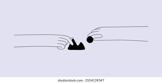 Hands interacting with abstract shapes. Concept of creativity, design process, image construction. Line art style. Ideal for creative professions and visual storytelling. Flat vector illustration.