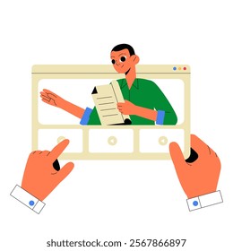 Hands Interacting With Browser Interface In Flat Vector Illustration Symbolizing Online Learning And Virtual Communication, Isolated On White Background.