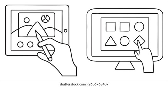 Hands interacting with digital devices displaying graphics and shapes.