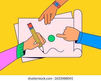 Mãos interagindo sobre um plano ou esquema. Uma mão está desenhando, enquanto outras estão apontando e gestando. Representa trabalho em equipe, colaboração, discussão criativa, planejamento de projetos em estilo cartoon