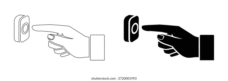 Manos interactuando con dispositivos inteligentes de seguridad para el hogar, ícono de Hacer clic o ícono de Hacer clic de píxeles de cursor. Icono del cursor del Hacer clic del ratón, iconos interactivos en negro sólido y estilo delineado
