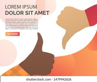 Hands of interracial people with thumbs up and down. Good job gesture, rejection, customer rate. Feedback concept. Vector illustration for landing pages or presentation slides
