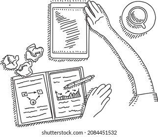 Hands with ipod and paper sheets. Working process. Sketchy vector illustration. 