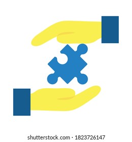 hands with jigsaw piece icon over white background, flat style, vector illustration