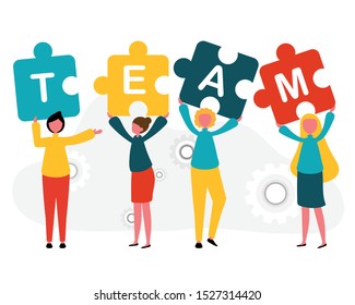 Hands and jigsaw puzzles Good work team, teamwork, being a successful illustration and vector