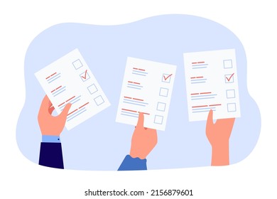 Hands of job candidates holding resumes or applications. Workers or students holding documents flat vector illustration. Recruitment, hiring, education, paperwork concept for banner, website design