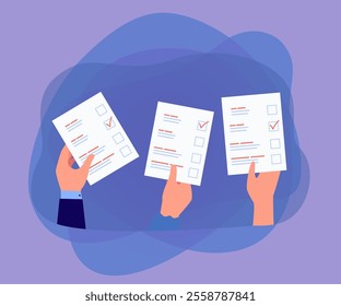 Hands of job candidates holding resumes or applications. Workers or students holding documents flat vector illustration. Recruitment, hiring, education, paperwork concept for banner, website design