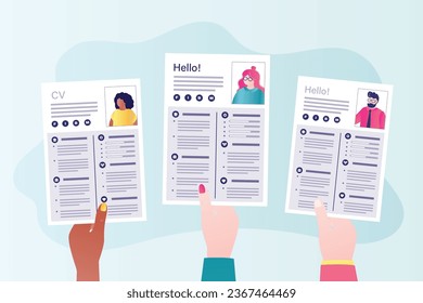 Hands of job seekers holds resumes. Select new employee from among various job applicants. Recruitment, we are hiring. CV, curriculum vitae, paper documents. Employment concept. vector illustration