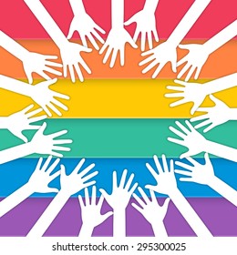 hands join together with rainbow colors of pride flag. vector.