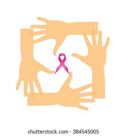 hands joined in circle holding breast cancer symbol