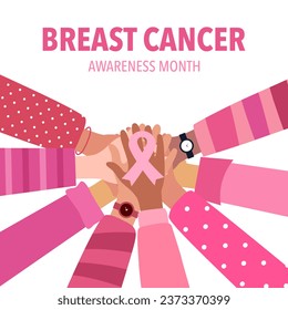 Hands joined holding pink ribbon logo in flat design. Breast cancer awareness month.