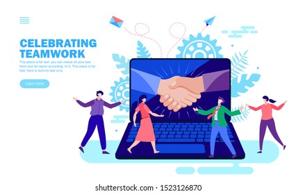 hands joining in computer with people celebrating teamwork, shake hand, congratulation vector illustration