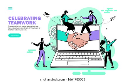 hands joining in computer with people celebrating teamwork , sitting on computer, shake hand, congra
