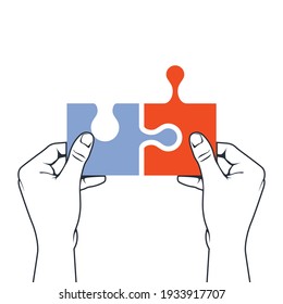 Hands joining puzzle piece - association and merger concept, uniting