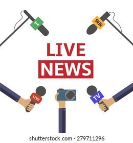Hands of journalists with microphones and camera, journalism concept. Flat style. Vector illustration.
