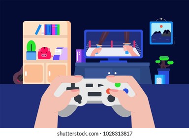Hands with joystick playing video game in the living room. Vector illustration in flat style.