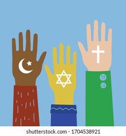 Hands with Judaism, Christianity and Islam symbols.  Monotheism, the belief in one God. Three religions