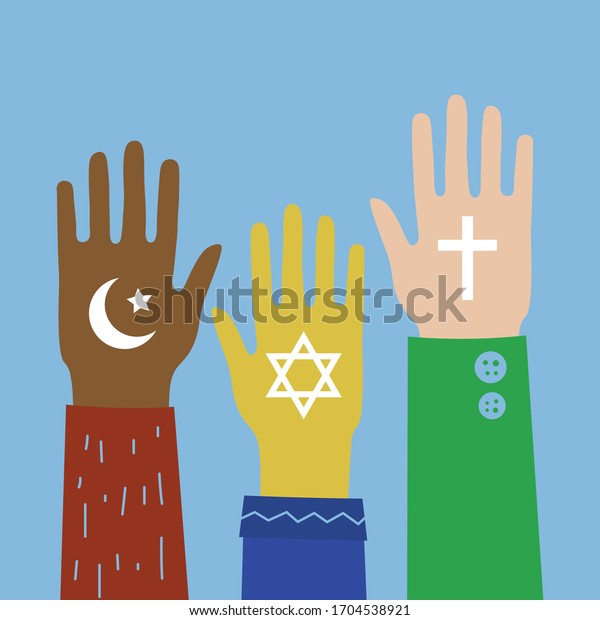 Hands with Judaism,\
Christianity and Islam symbols.  Monotheism, the belief in one God.\
Three religions