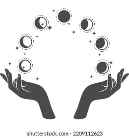 Hands juggling with phases of the Moon, divination magic of lunar phase, vector